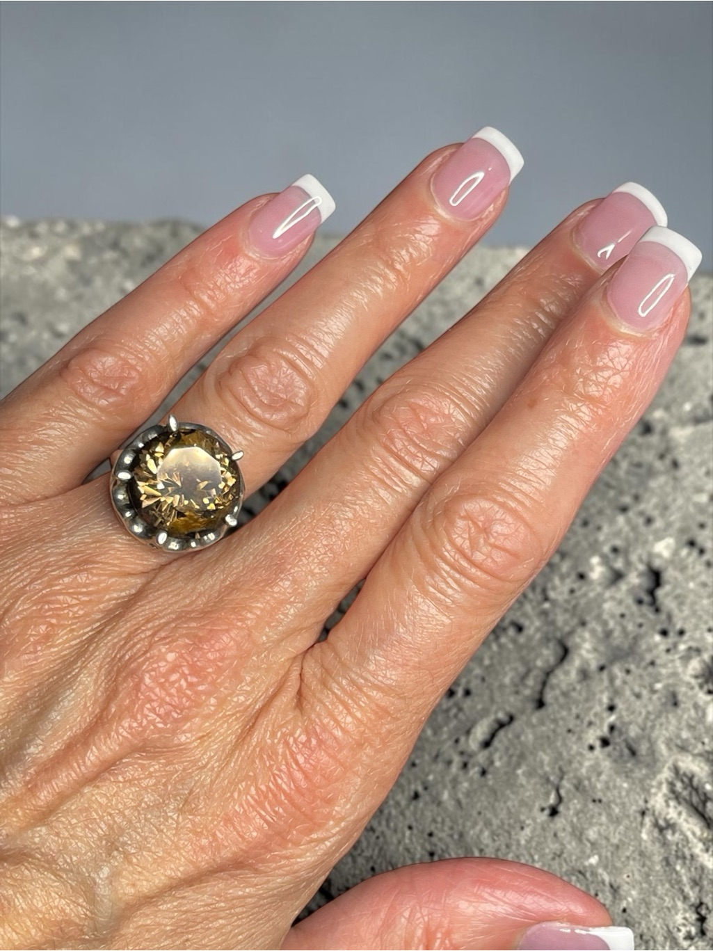 Large Smoky Quartz Halo Statement Ring Crown Setting Mexico 925 Size 6